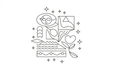 Fototapeta premium Abstract line art design. Line art design with geometric shapes, stars, and a heart, symbolizing love, connection, and cosmic energy.