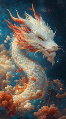 Serpentine dragon soaring through vibrant sunset clouds, with fiery red horns.
