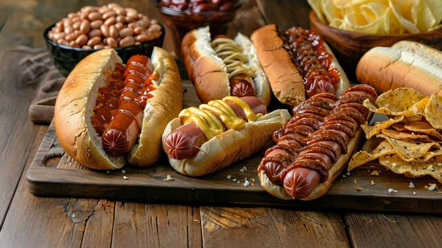 A close-up of a variety of hot dogs with different toppings on a wooden board
