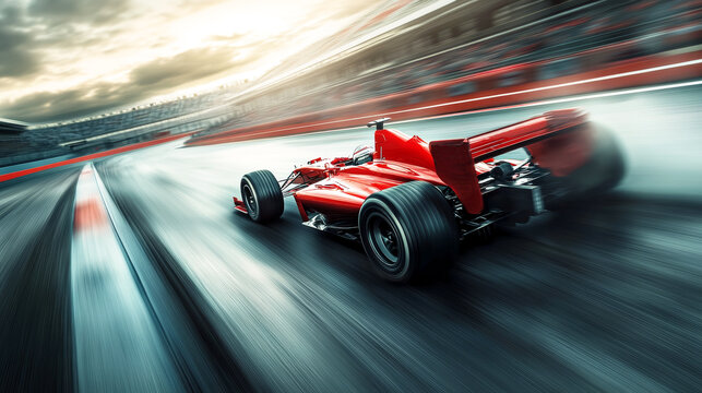 Motor sports competitive team racing. Fast moving generic race car racing down the track with motion blur.Illustration
