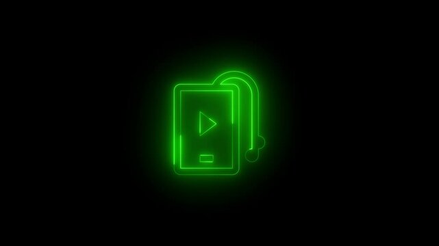 Neon multimedia PMP icon green glowing black background animation