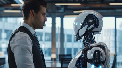 Man in suit looking at robot. Close-up