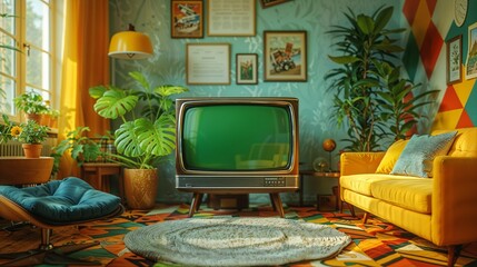 A retro living room with a large TV mockup with a green chromakey screen