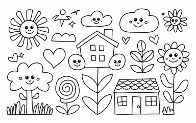 Happy doodle elements. Cute and cheerful doodle elements, perfect for coloring pages, cards, and more. Featuring houses, flowers, clouds, hearts, and more.