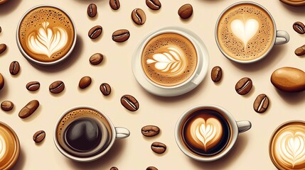 Obraz premium A beautiful arrangement of coffee cups featuring artistic latte art and scattered coffee beans, perfect for coffee lovers.