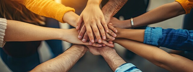 A group of hands stacking in solidarity during a team meeting, soft warm light from the overhead lamps
