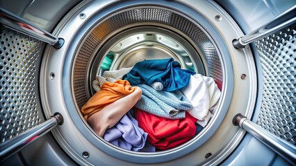 Inside view of a tumble dryer with freshly laundered clothes spinning drying and tumbling around, clothes care, modern, tumble, white, dryer, efficiency, convenience, cleanliness, clothes