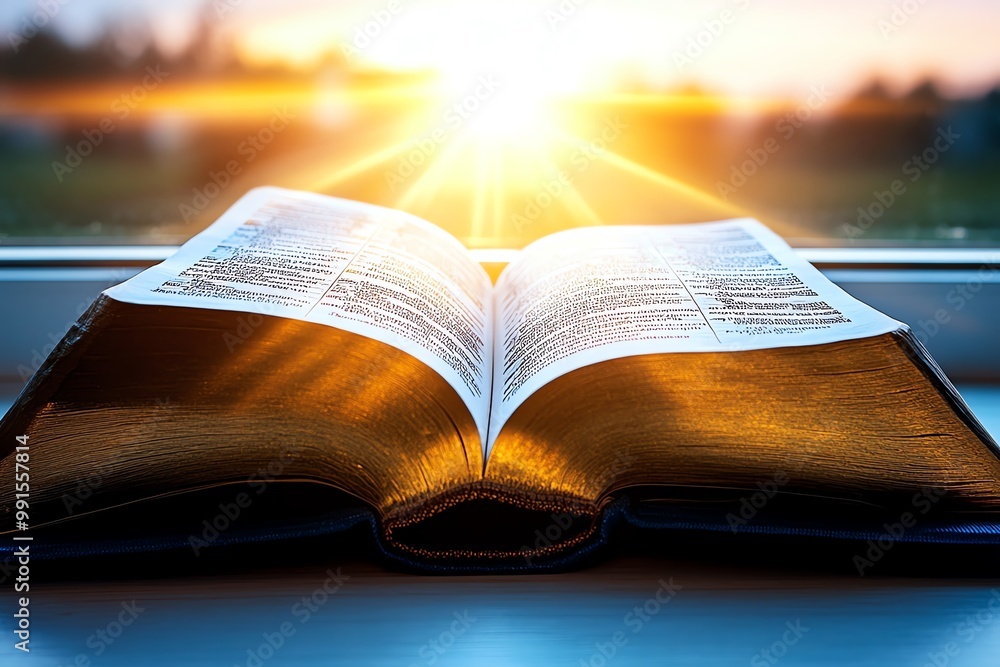 Poster a close-up of an open book, with sunlight streaming through the window and highlighting the words on