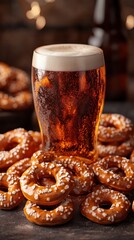A refreshing of beer mugs accompanied by a serving of pretzels in Oktoberfest concept