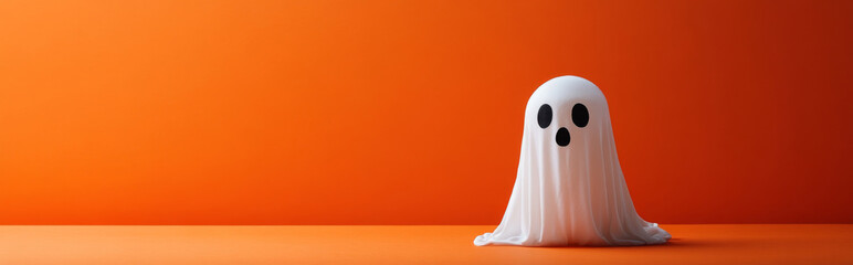 Cute white ghosts on minimalist color background with copy space