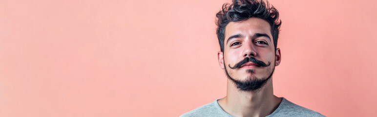 Obraz premium Portrait of young man with mustache and beard on color background