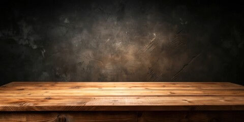 Empty wooden tabletop on dark background with focus on foreground empty wooden shelf