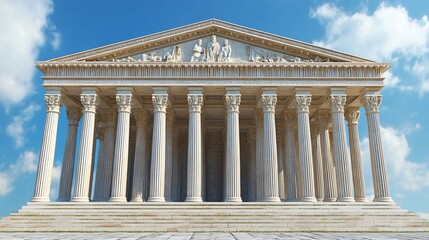 Obraz premium Ancient Greek temple with white marble columns against a blue sky.