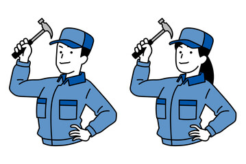 ハンマーを構えるつなぎ作業服の男女　セット