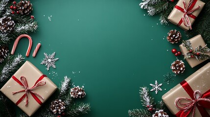 A festive scene featuring holiday gifts, pine branches, and ornaments on a green background, perfect for Christmas celebrations.