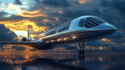 Fototapeta premium Futuristic airplane with sleek design, reflecting sunset sky on runway, showcasing innovation in modern aviation technology.