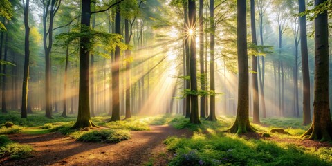Obraz premium Tranquil Morning in Enchanting Woodland Forest with Soft Sunlight Filtering Through Mist