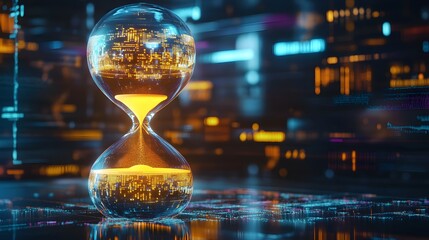 Futuristic Hourglass with Digital Cityscape