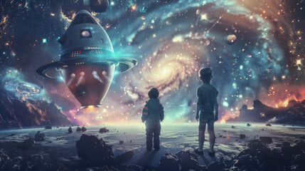 A child acting as the captain of a spaceship, leading their business team through the stars, charting a course for intergalactic success