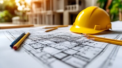A close-up of a detailed architectural plan, pencils scattered across the blueprint, with a bright yellow hard hat resting on the edge of the table, in a softly lit workspace.  --ar 16:9 --no logo