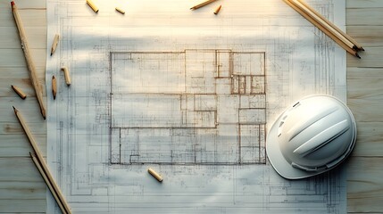 A close-up of a flat lay featuring architectural blueprints, pencils scattered, and a white hard hat on the side, symbolizing the meticulous planning of a construction project.