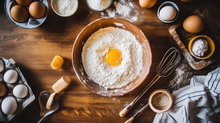 An overhead view of a baking scene featuring a bowl of sugar, flour, and eggs, with measuring cups and utensils, emphasizing the joy of home baking.
