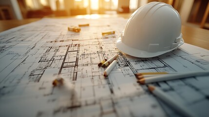 A close-up of a flat lay featuring architectural blueprints, pencils scattered, and a white hard hat on the side, symbolizing the meticulous planning of a construction project.