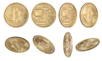 Various angles of shiny gold bitcoin cryptocurrency coins