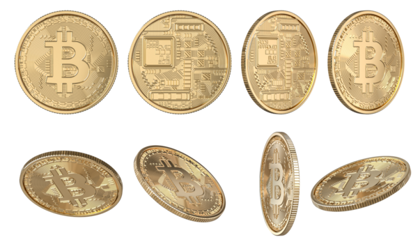 Various angles of shiny gold bitcoin cryptocurrency coins - Powered by Adobe