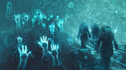 A creative depiction of Mpox contagiousness where the virus spreads through touch, with glowing handprints left on surfaces and people, marking the path of transmission