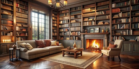 Cozy home library with floor-to-ceiling bookshelves, reading nook, and fireplace, home library