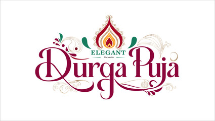 Elegant Durga Puja text in maroon calligraphic font with decorative flourishes a teardrop flame design above it and ELEGANT written in a smaller sans-serif font The background is white
