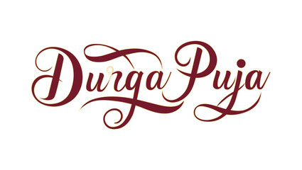 The text Durga Puja written in a stylized  calligraphic font  The font is maroon in color and has decorative flourishes



