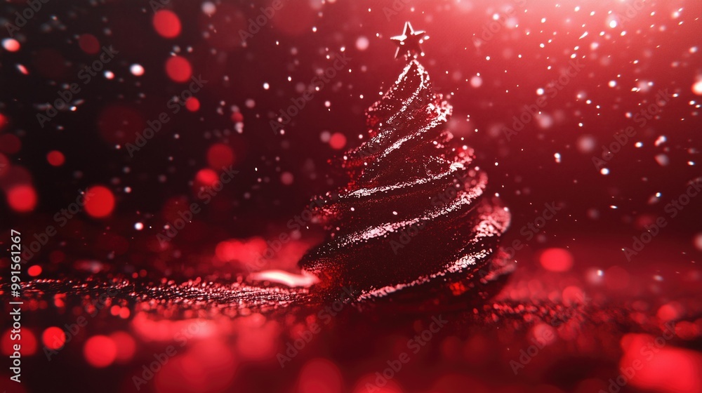 Poster a festive red bokeh background featuring a sparkling christmas tree with a star on top.