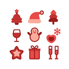 Set of red Christmas icons or logos, flat cartoon style, red and white. Christmas symbols. Isolated vector Illustration.