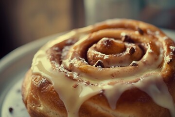 Close-up of a delicious cinnamon roll topped with white glazing