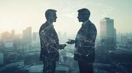 Two silhouetted businessmen engaged in an insightful discussion against a cityscape background, symbolizing partnership, communication, and urban professionalism.