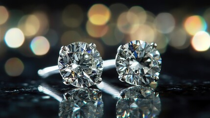 Close-up of elegant diamond stud earrings, showcasing the brilliance and clarity of the diamonds, with reflections casting light on a luxurious background.