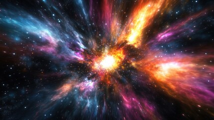 Colorful cosmic explosion with swirling gases and light, a symbolic depiction of the universe's birth through the Big Bang