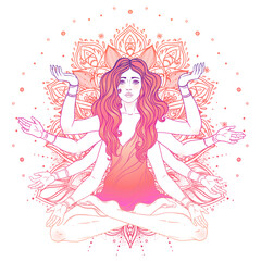 Beautiful woman with long hair and multiple hands sitting in lotus yoga position. Multi-armed goddess is Goddess Lakshmi, the Hindu goddess of wealth, fortune, and prosperity. Vector detailed isolated