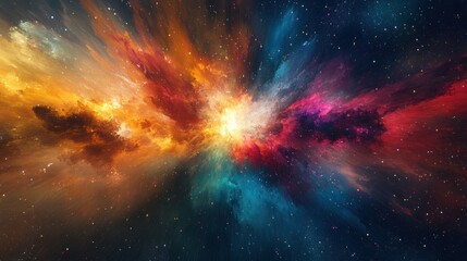 Colorful explosion of gases and dust expanding in space, symbolizing the universe's formation after the Big Bang