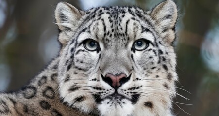 Obraz premium Snow leopard portrait. Close-up of a snow leopard, showcasing its distinctive white fur and striking blue eyes.