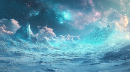Fototapeta premium Pastel blue and teal fluffy landscape in 3D with a starry sky, high exposure surrealism, and a distinct cyberpunk style