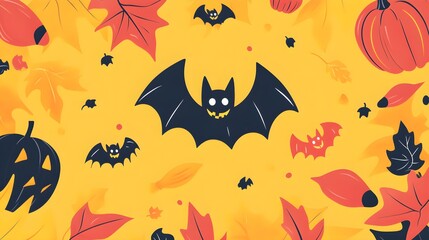 spooky halloween playlist cover, flat design, top view, bats and pumpkins on yellow background, music theme, cartoon drawing, vivid 