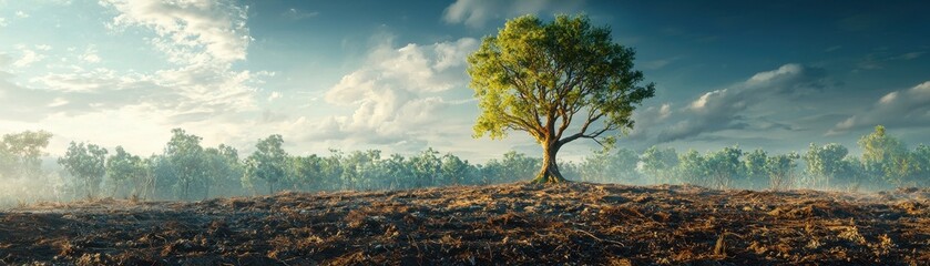 Obraz premium Solitary Survivor: Lone Tree on Deforested Land Showing Human Impact on Forests and Biodiversity.