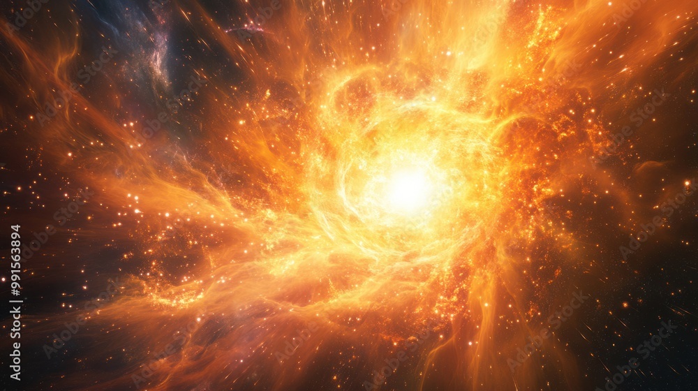 Wall mural cosmic explosion with bright light and expanding galaxies, symbolizing the birth of the universe