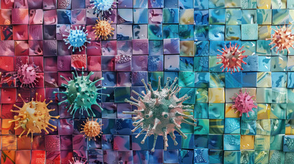 A creative representation of Mpox cases as a mosaic, where each tile represents an individual, and the virus spreads by changing the color of the tiles over time