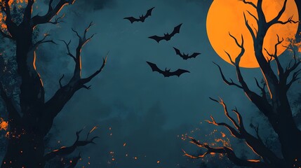 halloween invitation template, flat design, top view, spooky trees and bats on dark background, party theme, animation, vivid 