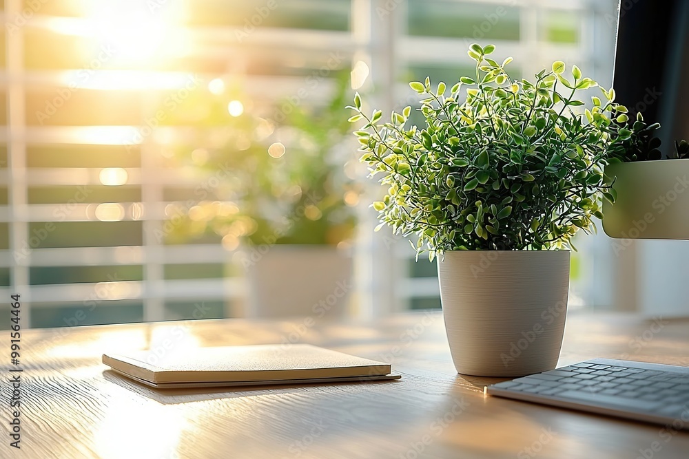 Poster a clean and minimalist workspace with a potted plant, a closed notebook, and a keyboard in the foreg