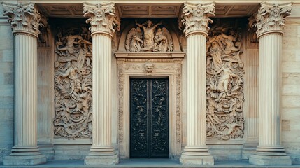 Obraz premium Ornate entrance with two columns and intricate carvings flanking a large wooden door.